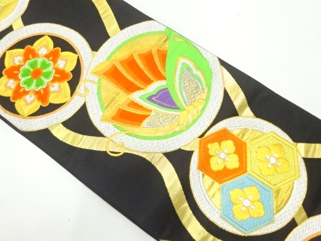 JAPANESE KIMONO / ANTIQUE FUKURO OBI / SILK / WOVEN FLOWER & BUTTERFLY